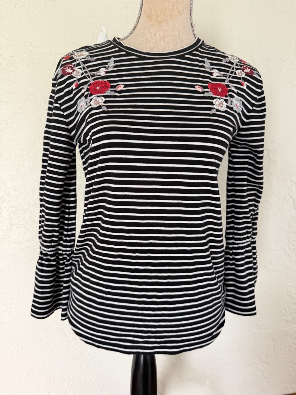 LOFT Black & White Striped Long Sleeve Top with Red Floral Embroidery